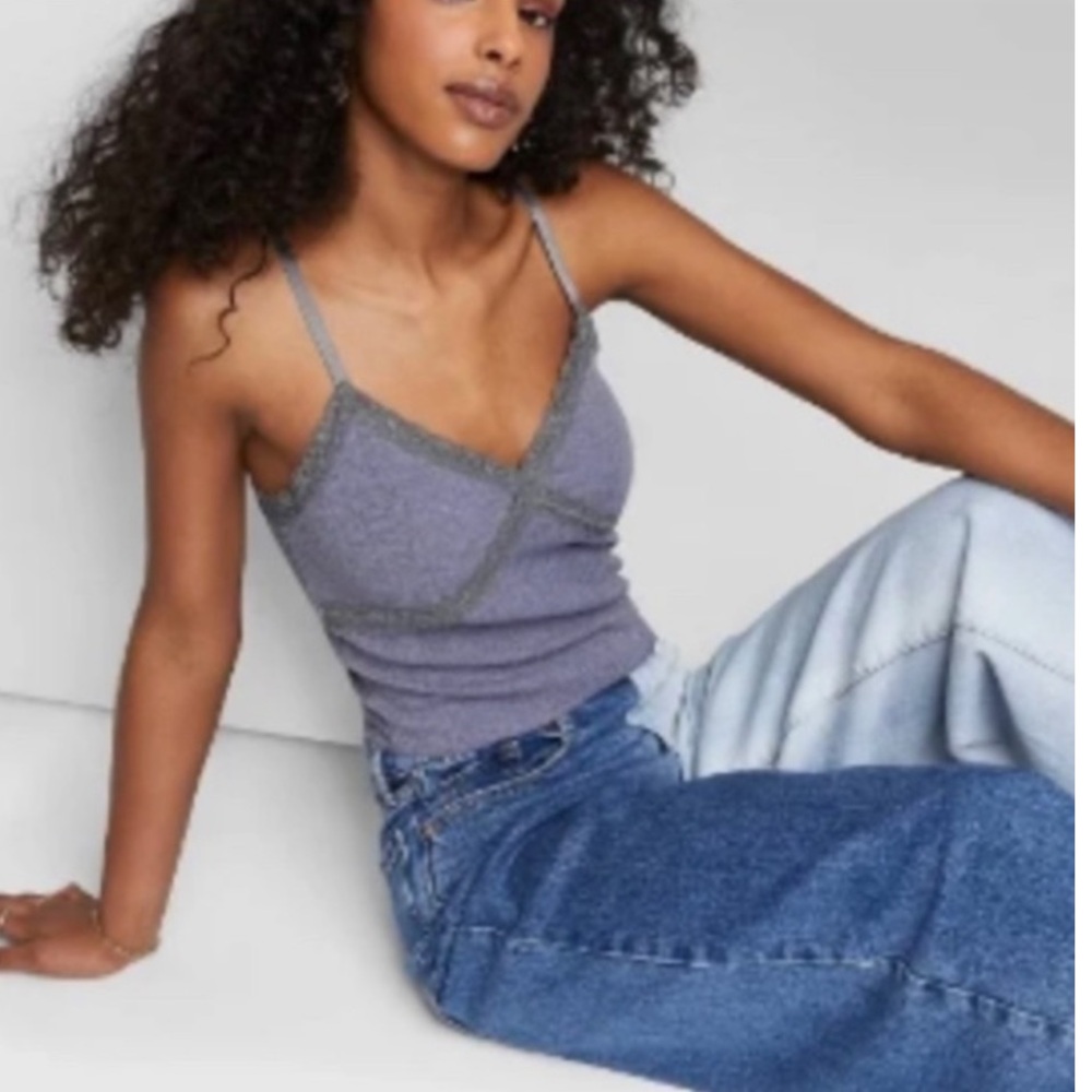 Wild Fable Gray Ribbed Cropped‎ Lace Trim Tank Sz M NWT